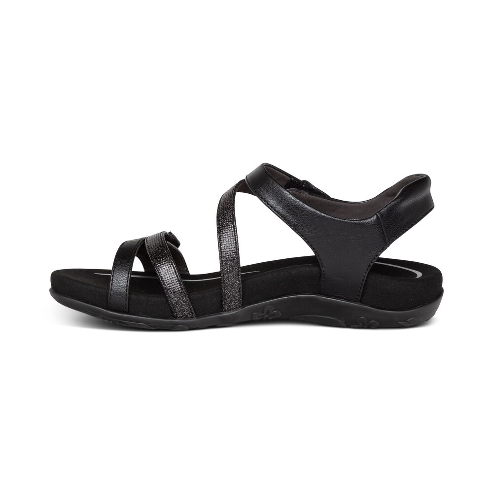 Aetrex Women's Jess Adjustable Quarter Strap Sandals - Black | USA V5OU9PV